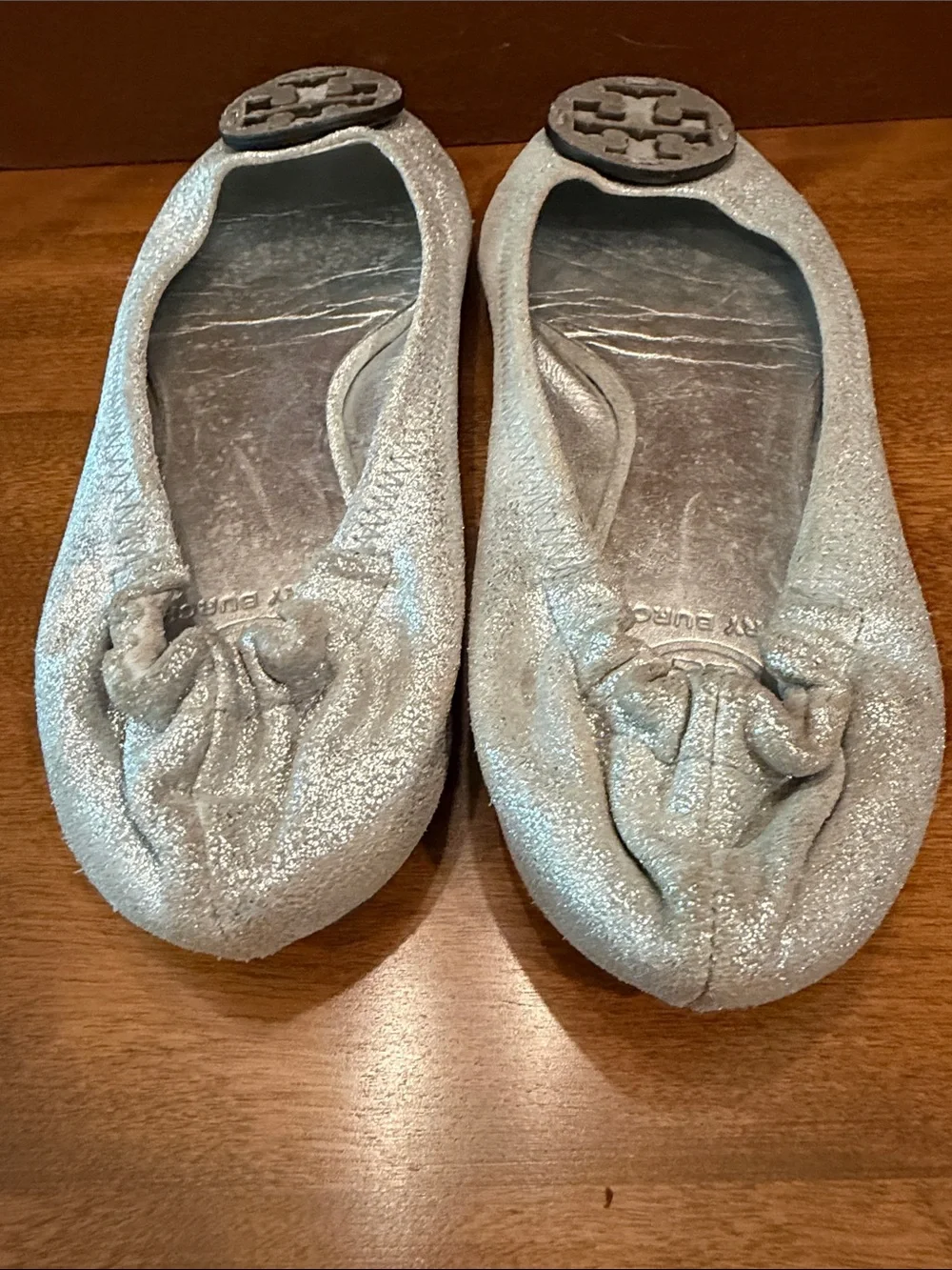 Tory Burch Silver Metallic Glitter Logo Ballet Flats